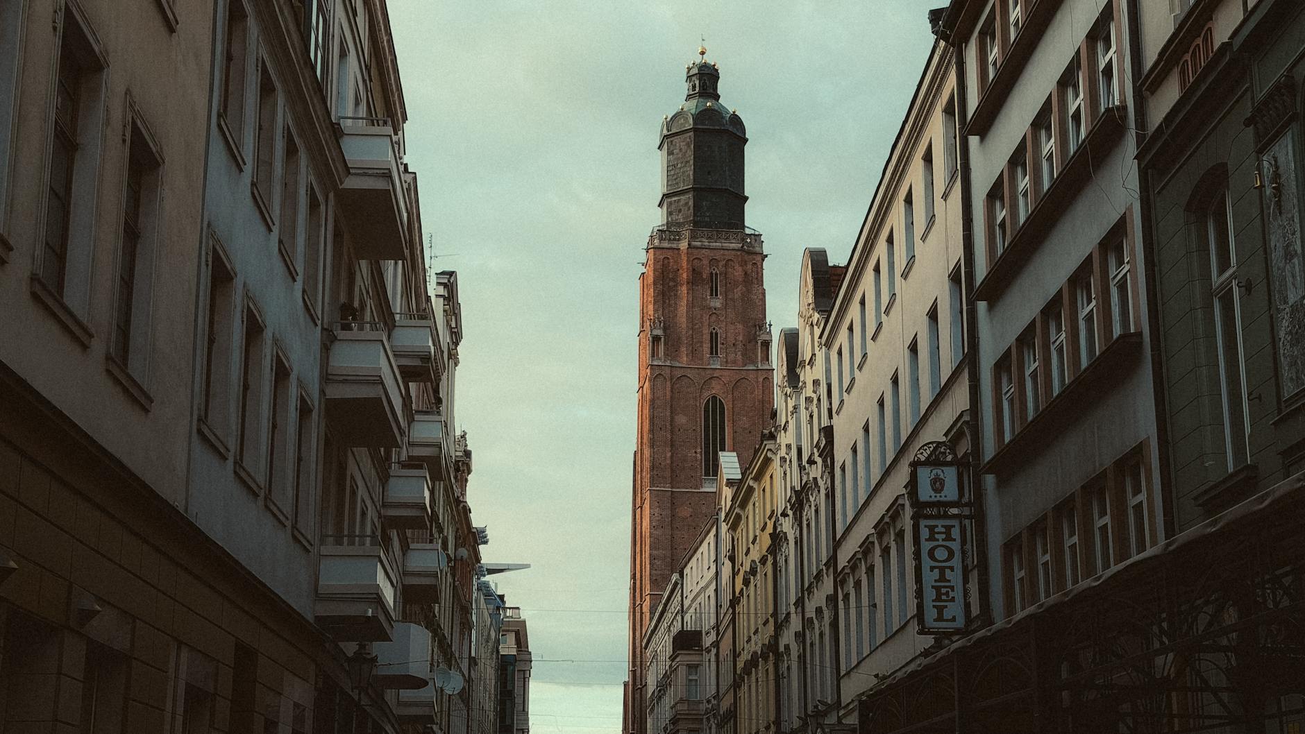 Wroclaw hotel and city street for business base planning.