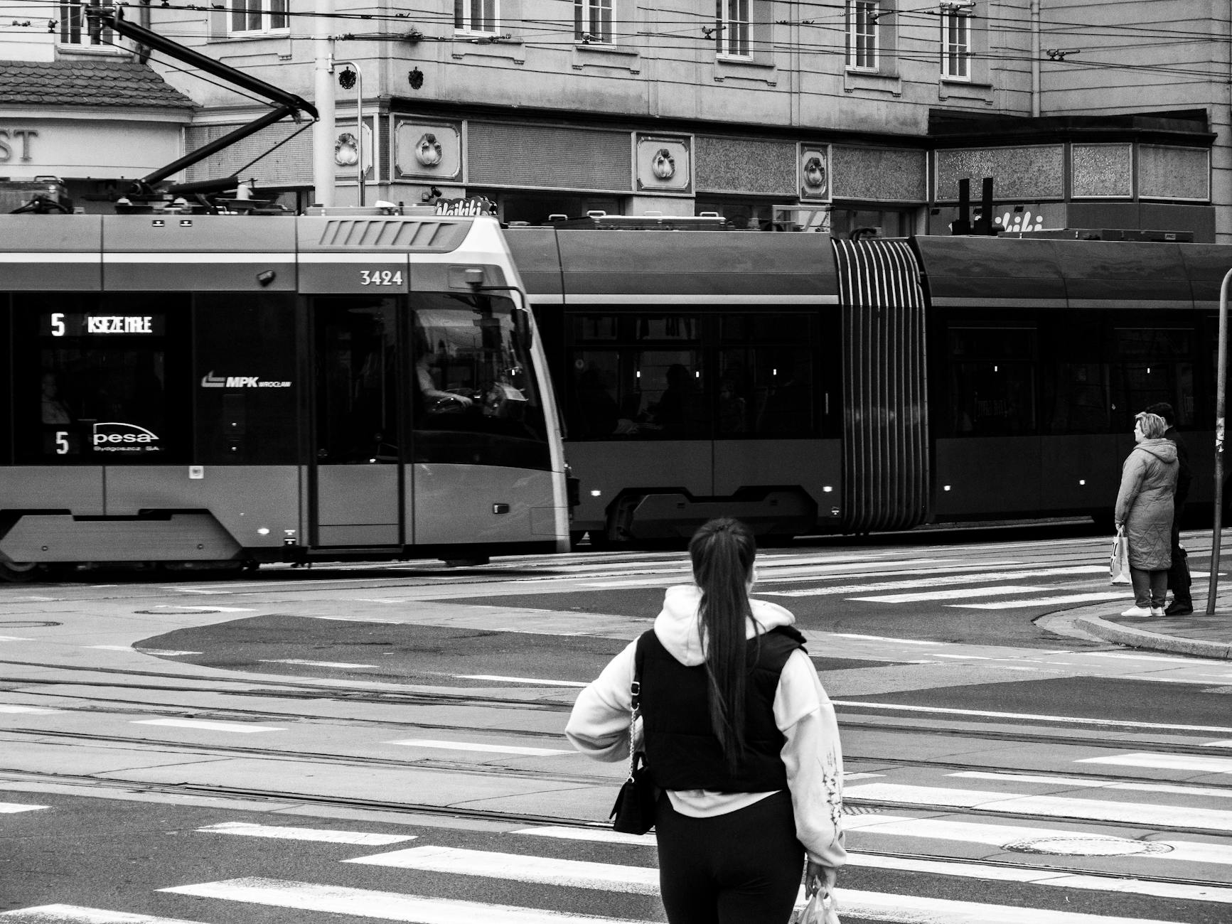 Wroclaw tram and street for woman traveler transport planning.