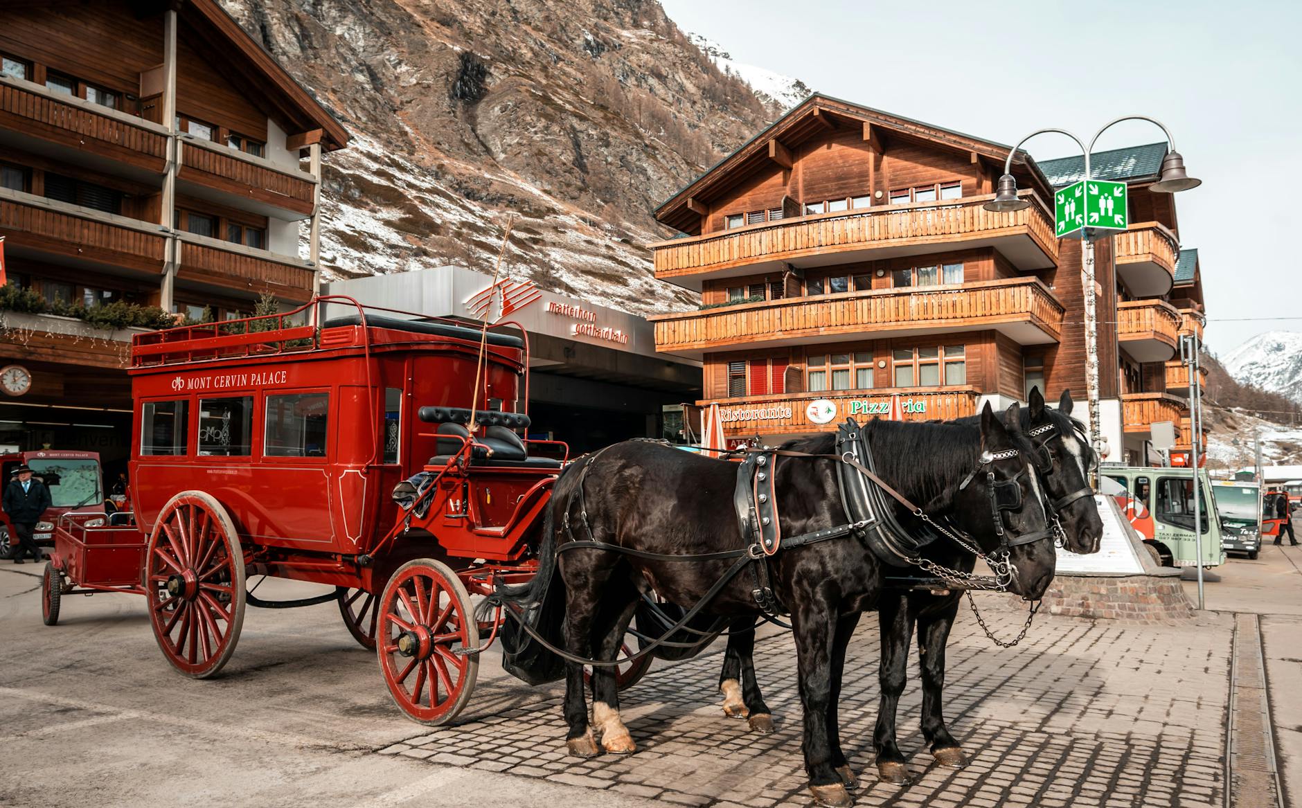 Horse carriage and Zermatt wooden buildings for alpine business cost planning.