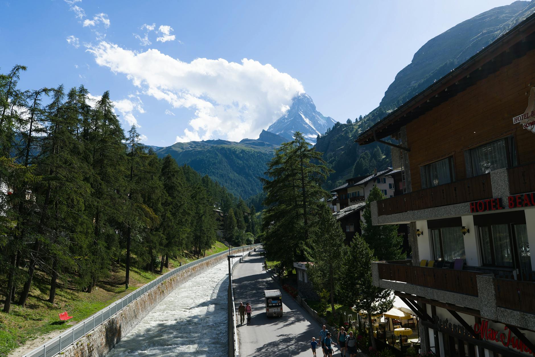 Zermatt alpine buildings and Matterhorn for meeting geography planning.