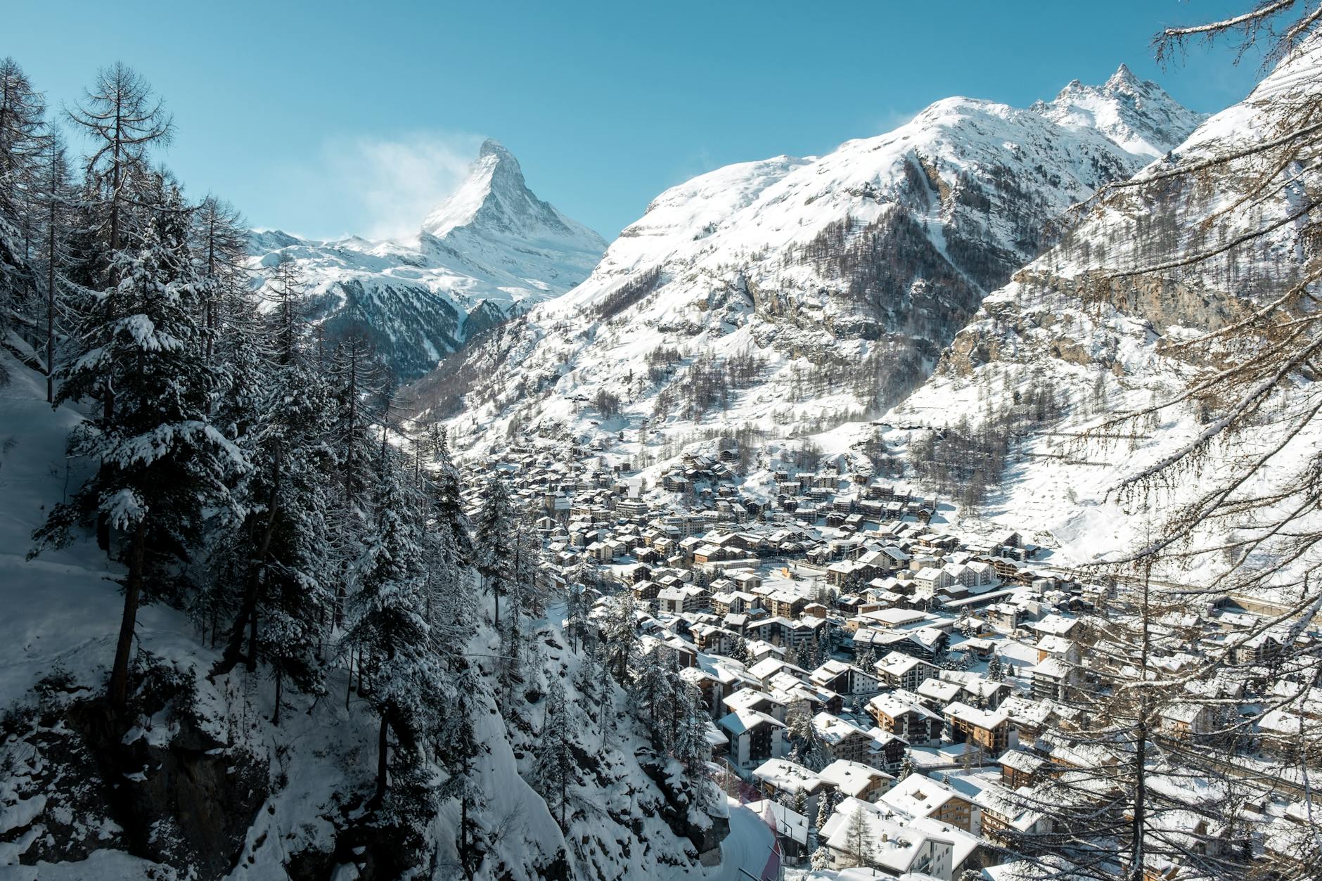 Aerial winter view of Zermatt and the Matterhorn for mountain route planning.