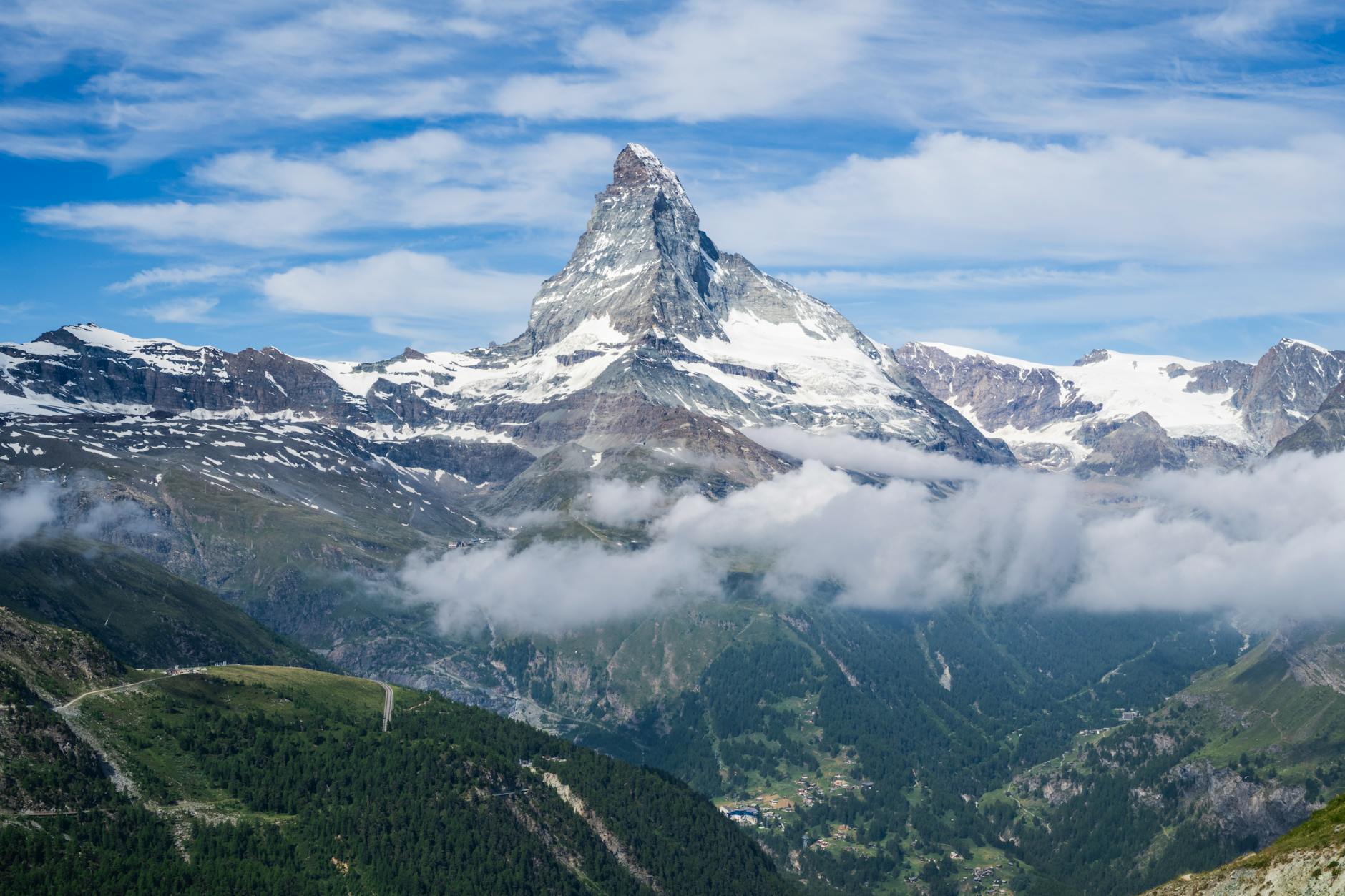 Matterhorn alpine view for Zermatt tourist travel planning.