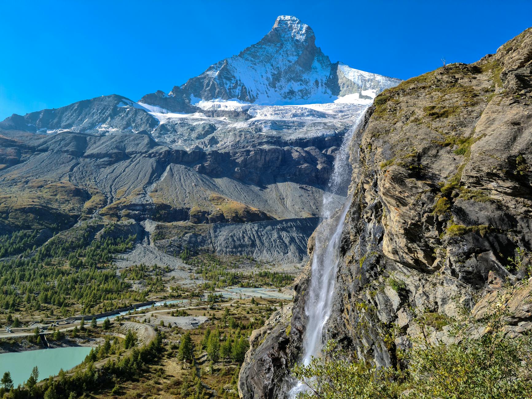 Matterhorn and waterfall for Zermatt altitude and exertion planning.