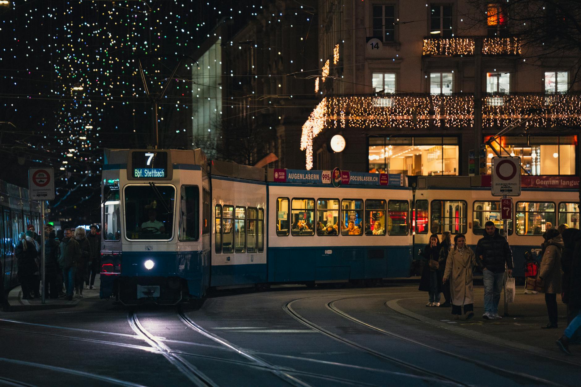 Zurich evening tram context for conference return-route planning.