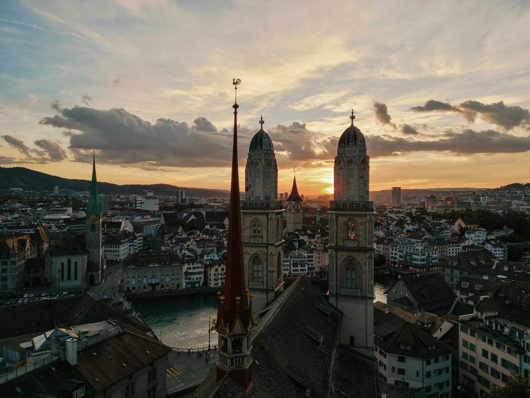 Aerial Zurich sunset context for content creator travel report planning.