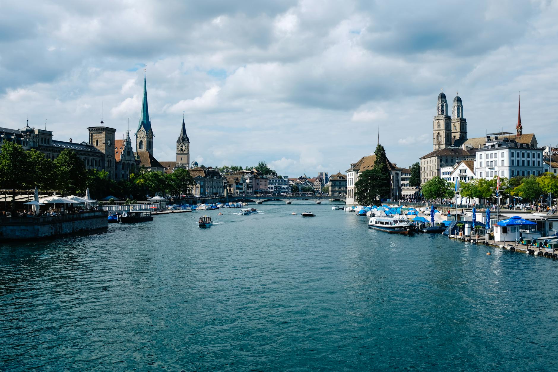 Zurich Limmat skyline and boats context for cruise travel report planning.
