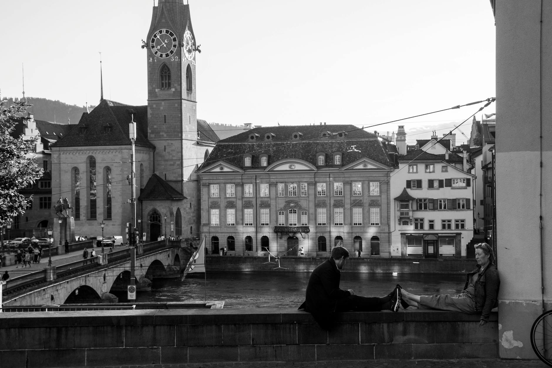 Black and white Zurich river view context for reporting geography.