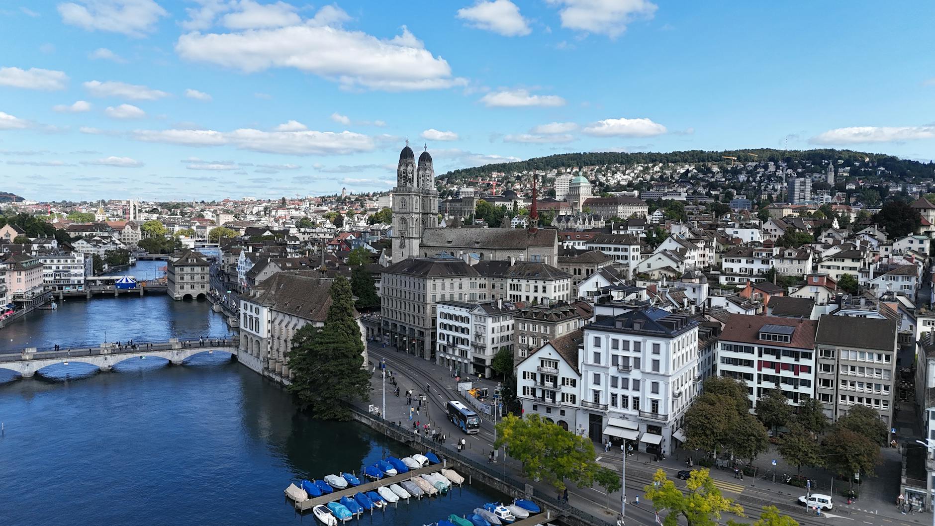 Aerial Zurich and Limmat context for solo arrival orientation.