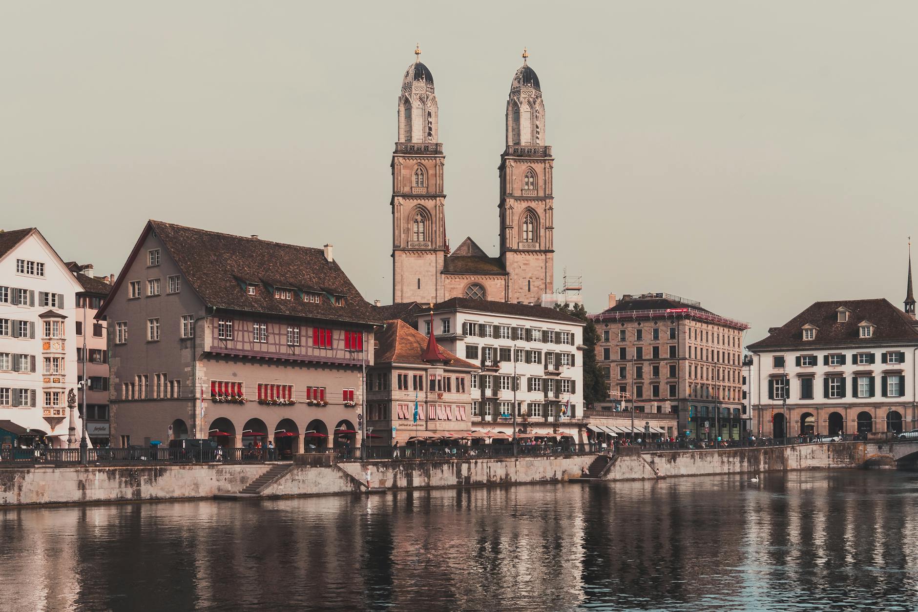 Grossmunster and Limmat riverfront context for solo old-town walking.