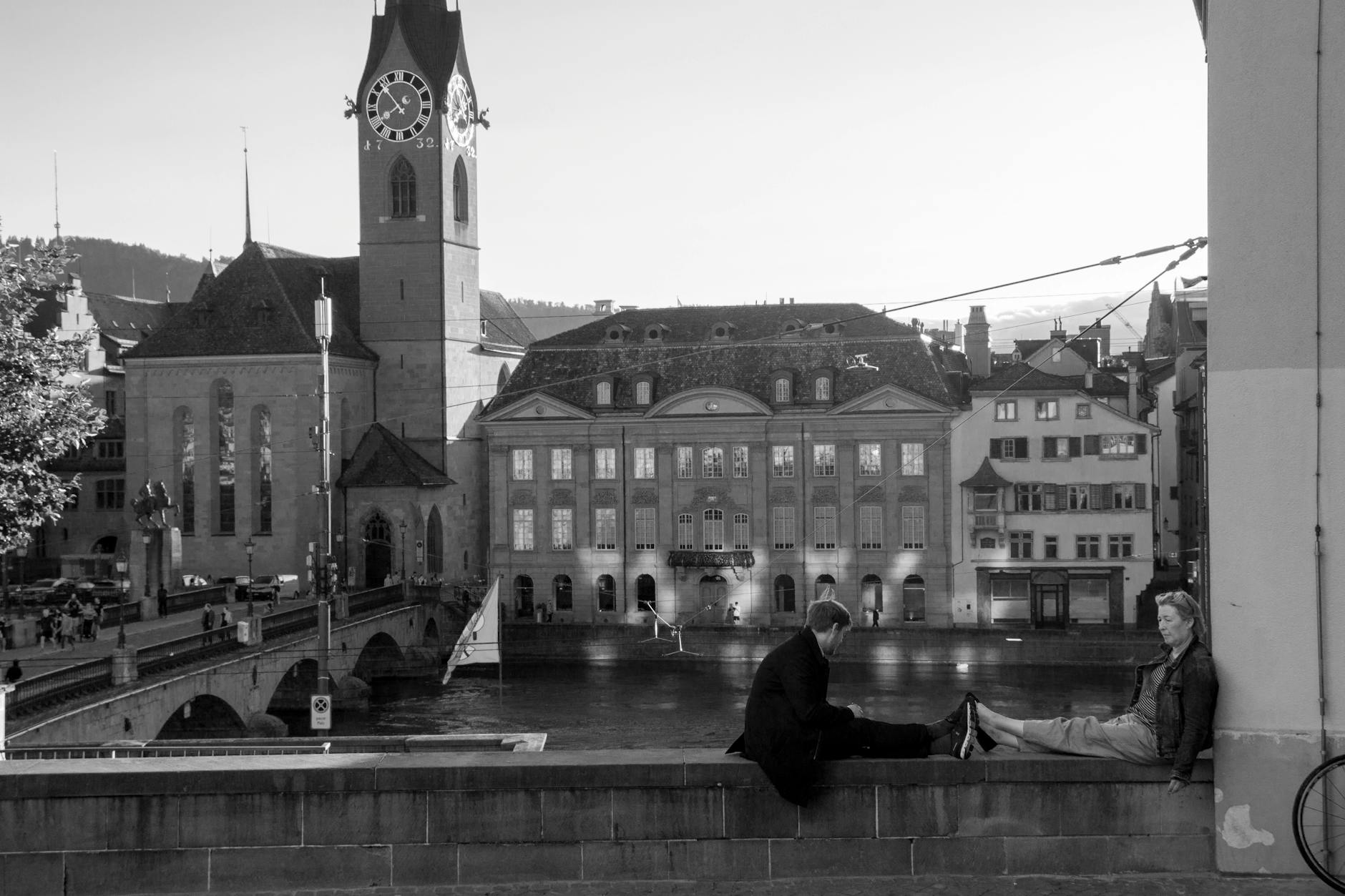 Zurich canal seating context for student food and social planning.