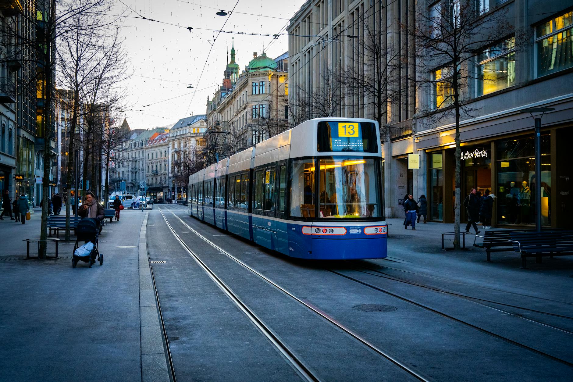Zurich tram on Bahnhofstrasse context for weather-aware tourist routing.