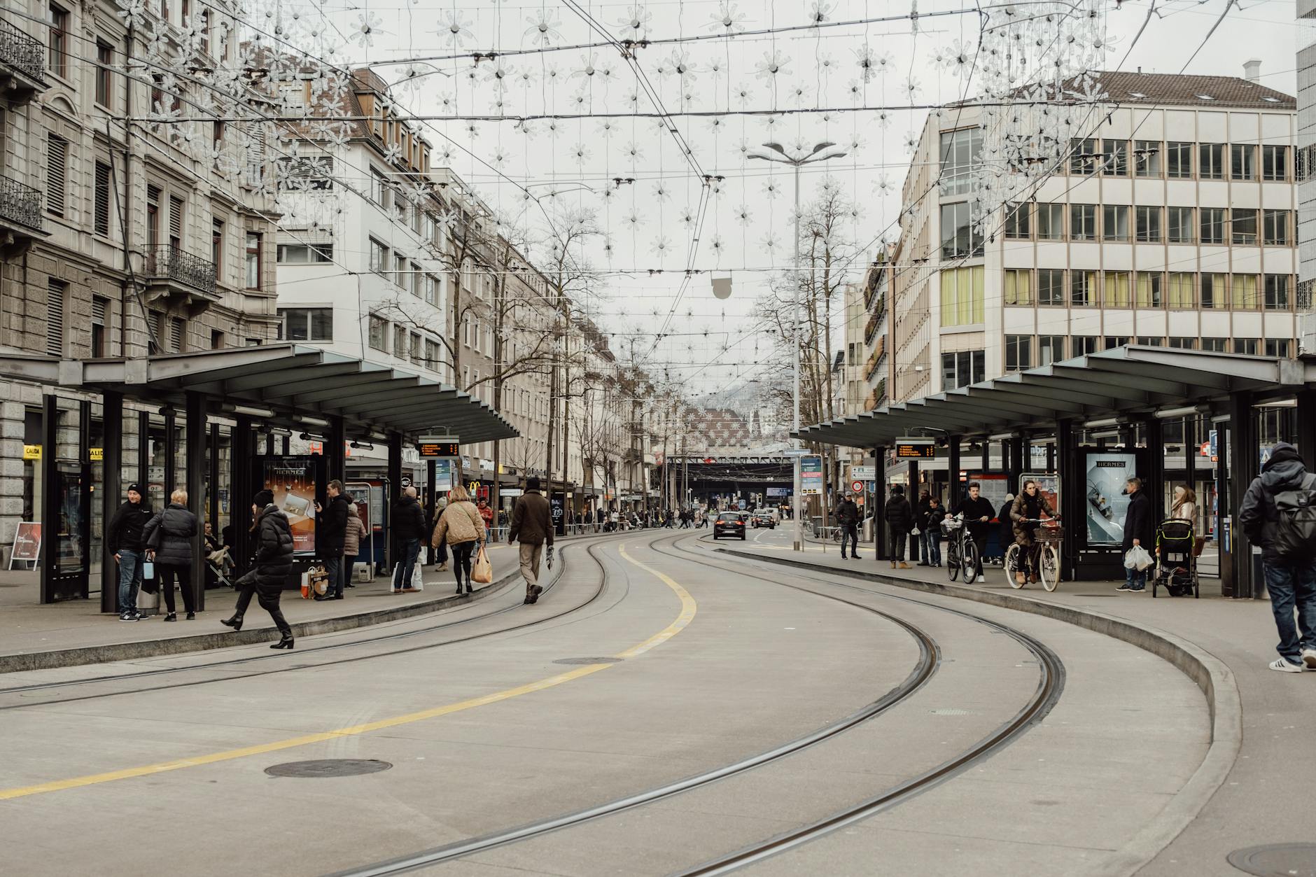 Zurich tram street context for solo meal and route planning.