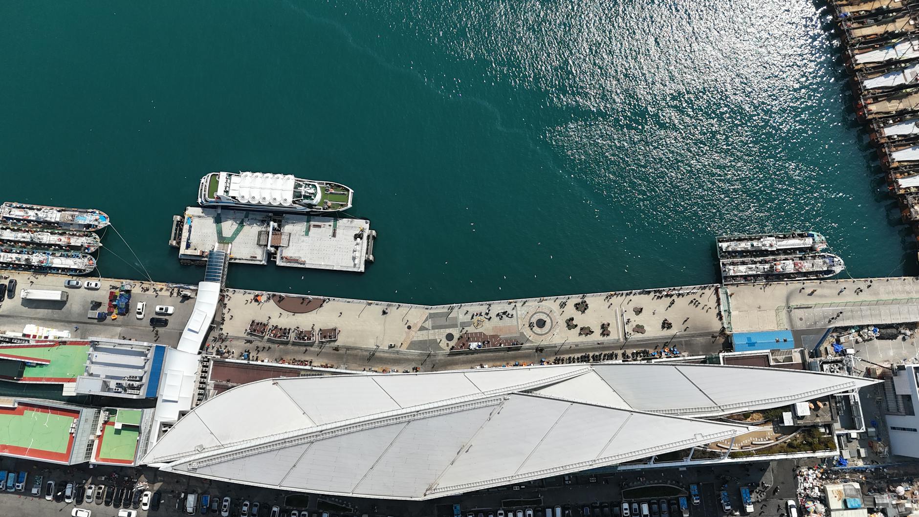 Aerial view of Busan port and ships.