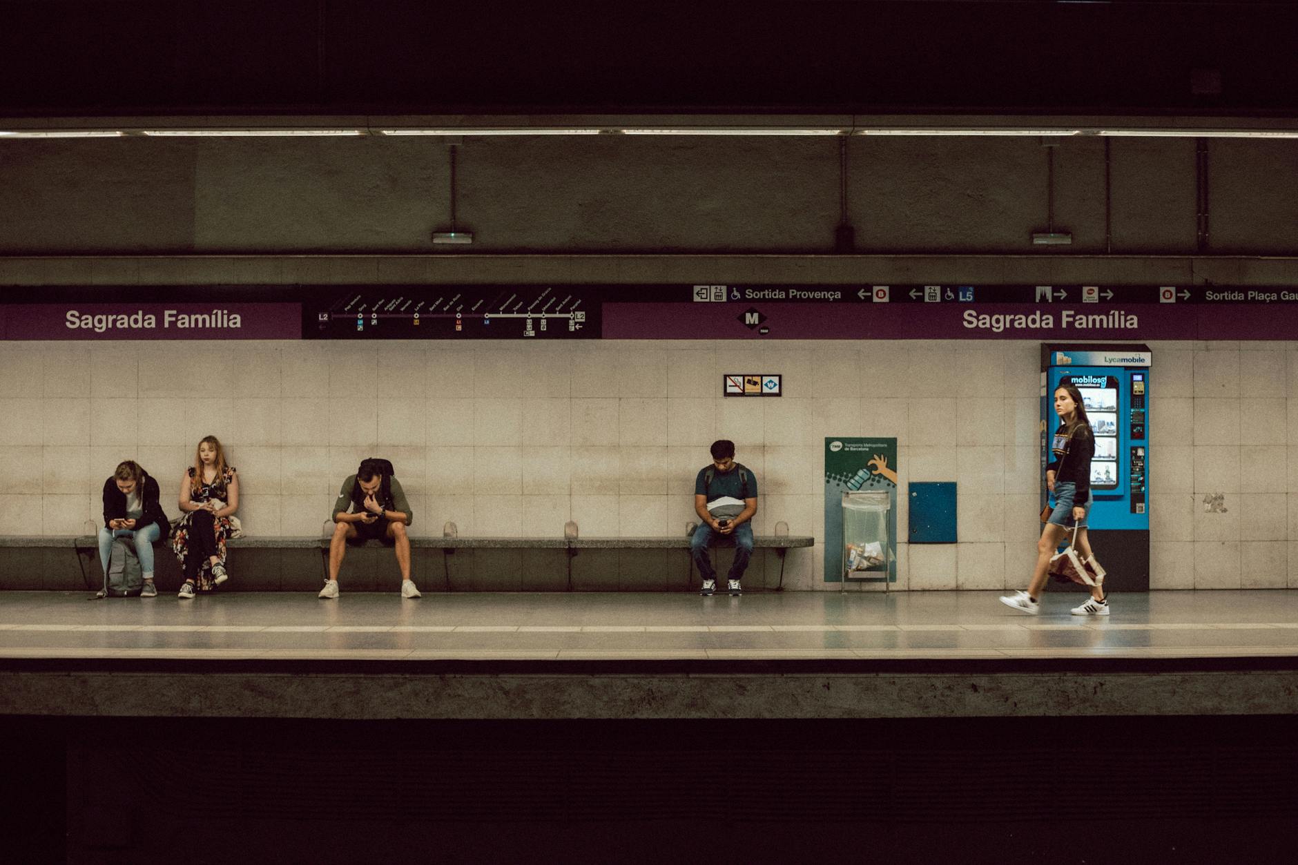 Passengers at Sagrada Familia station in Barcelona.