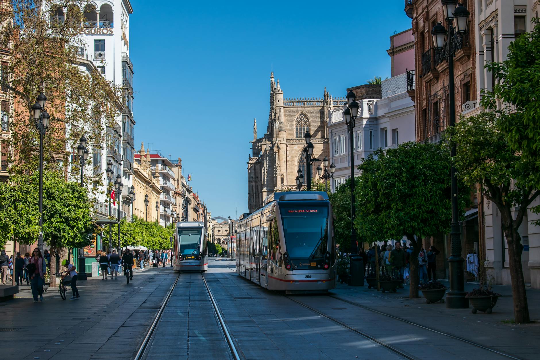 Tram line along Avenida de la Constitucion in Seville.