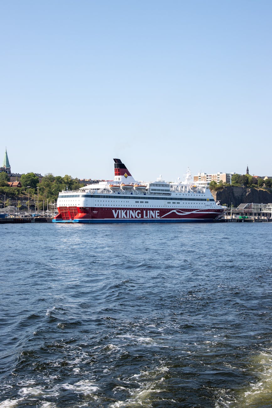 Viking Line ferry docked in Stockholm harbor.