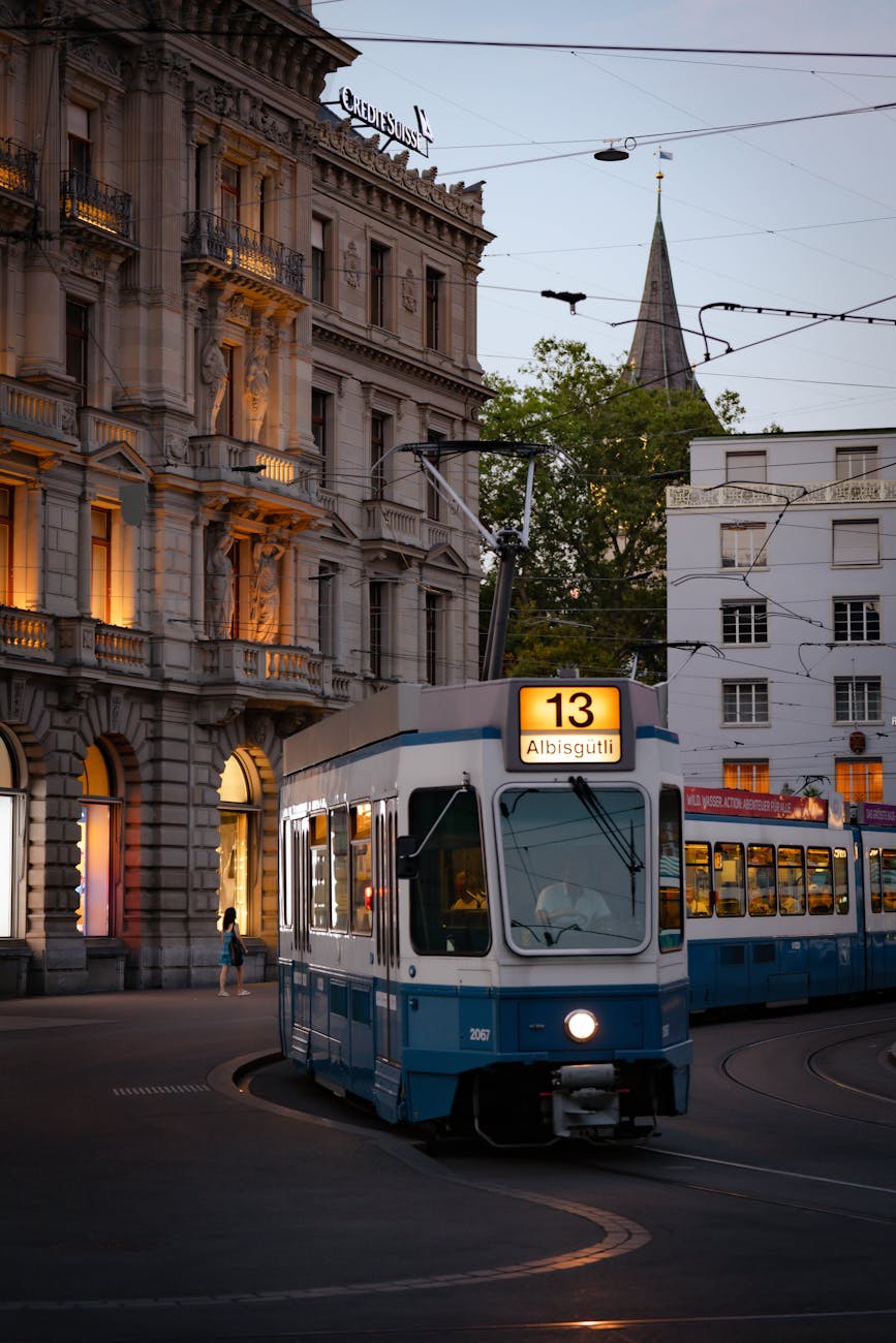 Zurich tram moving through Paradeplatz.