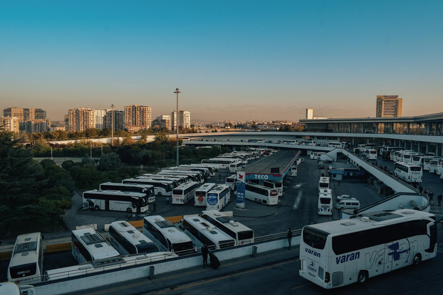 Coaches parked at a Turkish bus terminal.