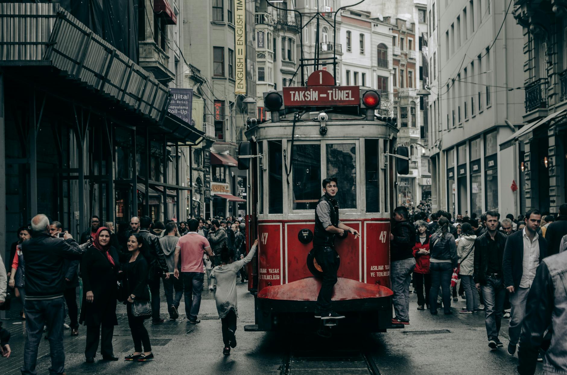 Historic red tram on Istiklal Avenue in Istanbul.