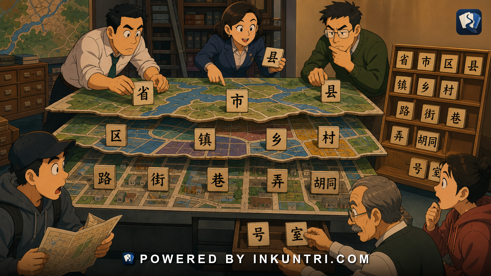 Illustration for Names of Places in Characters: County, District, Road, and Lane Literacy.