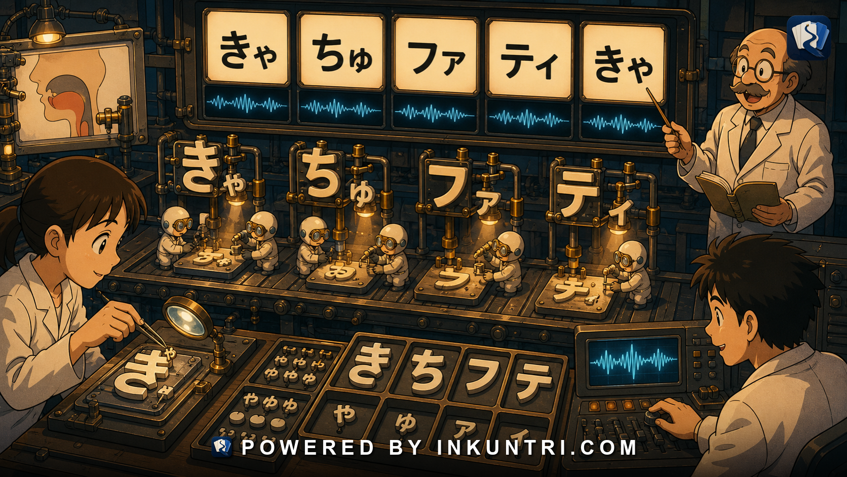 Illustration for Small Kana and Contracted Sounds: きゃ, ちゅ, ファ, ティ.