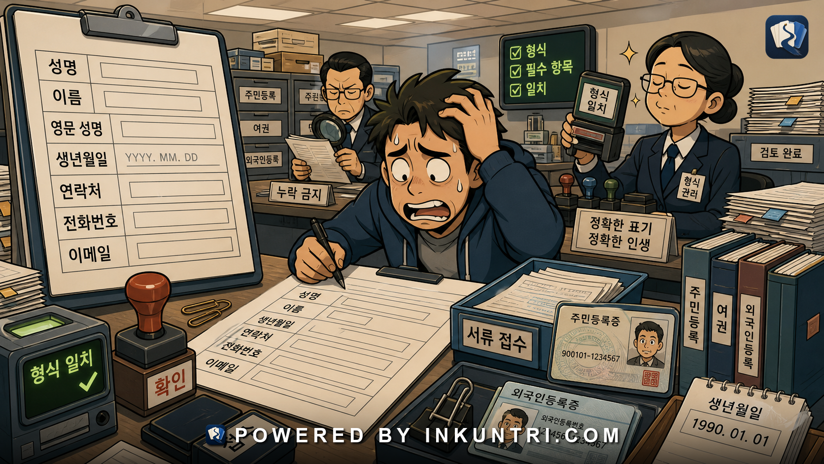 Illustration for Korean Official Forms: Names, Birthdates, IDs, and Contact Fields.