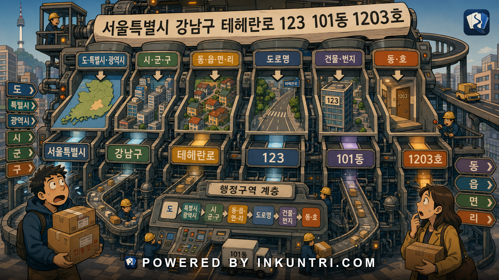 Illustration for Reading Korean Addresses: Province, City, Gu, Dong, Road Name, and Building.