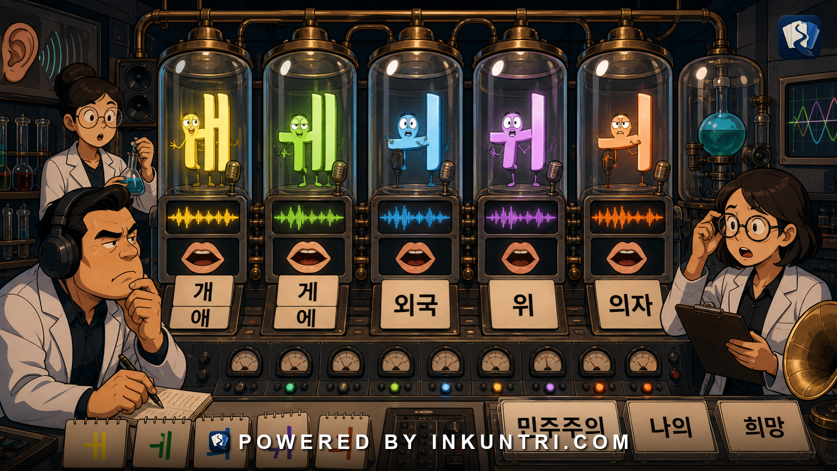 Illustration for Vowel Combinations in Korean: ㅐ, ㅔ, ㅚ, ㅟ, ㅢ.