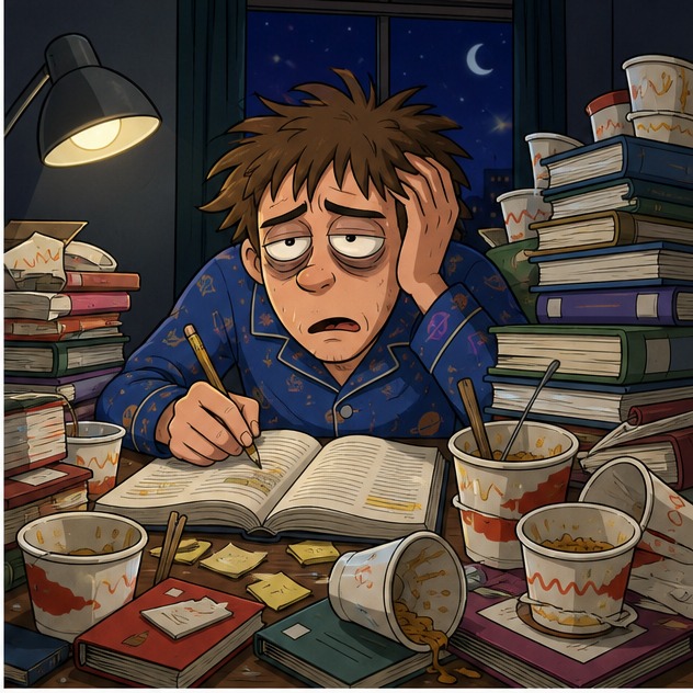 Illustration for студент колледжа с лапшой быстрого приготовления