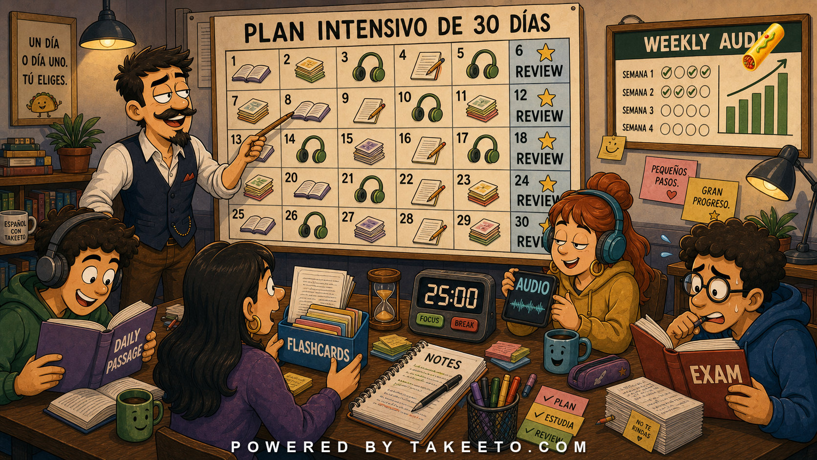 Comic Takeeto blog illustration for A 30-Day Spanish Deep Study Plan Using Takeeto, covering study planning.