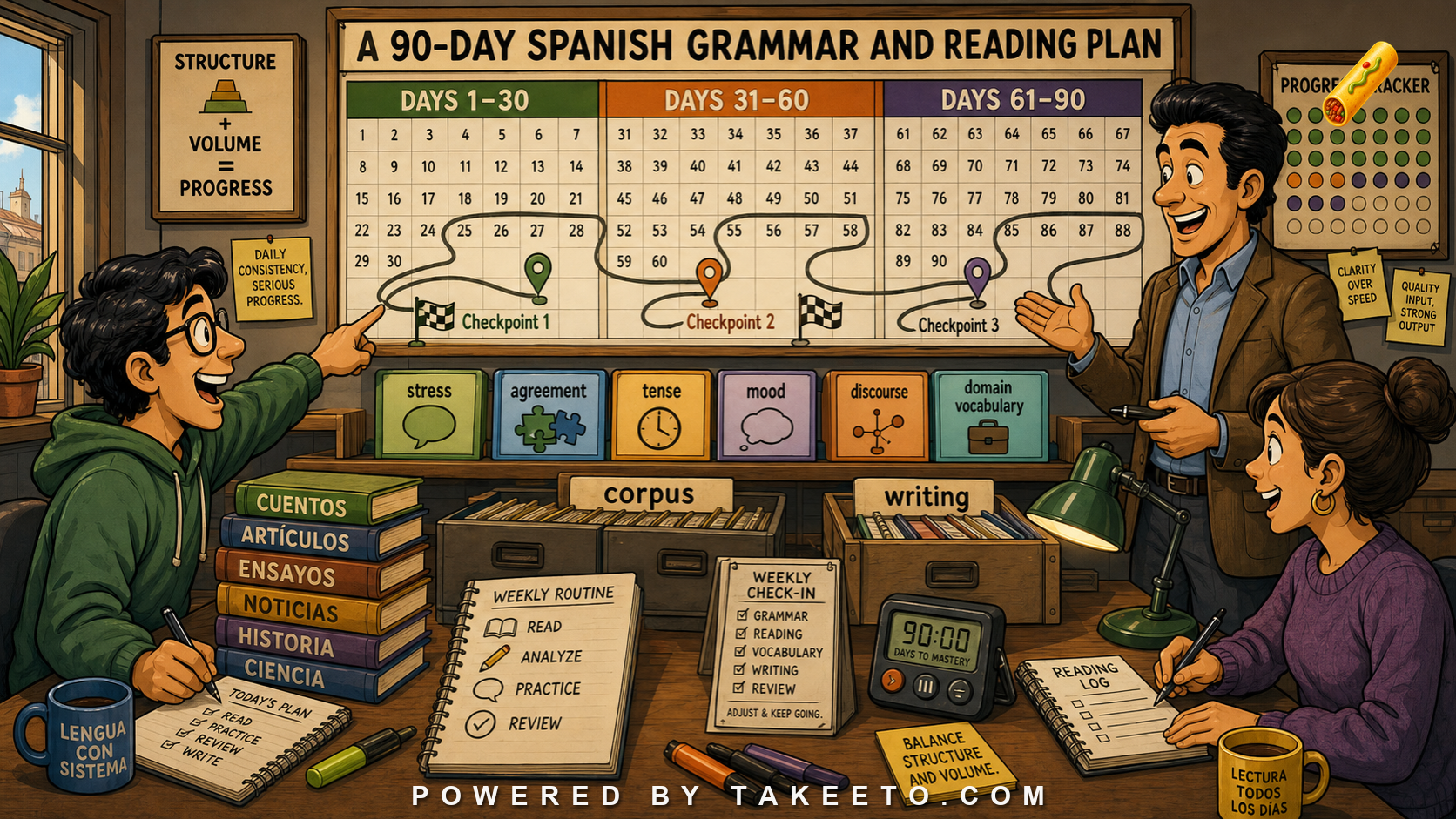 Comic Takeeto blog illustration for A 90-Day Spanish Grammar and Reading Plan, covering study planning.