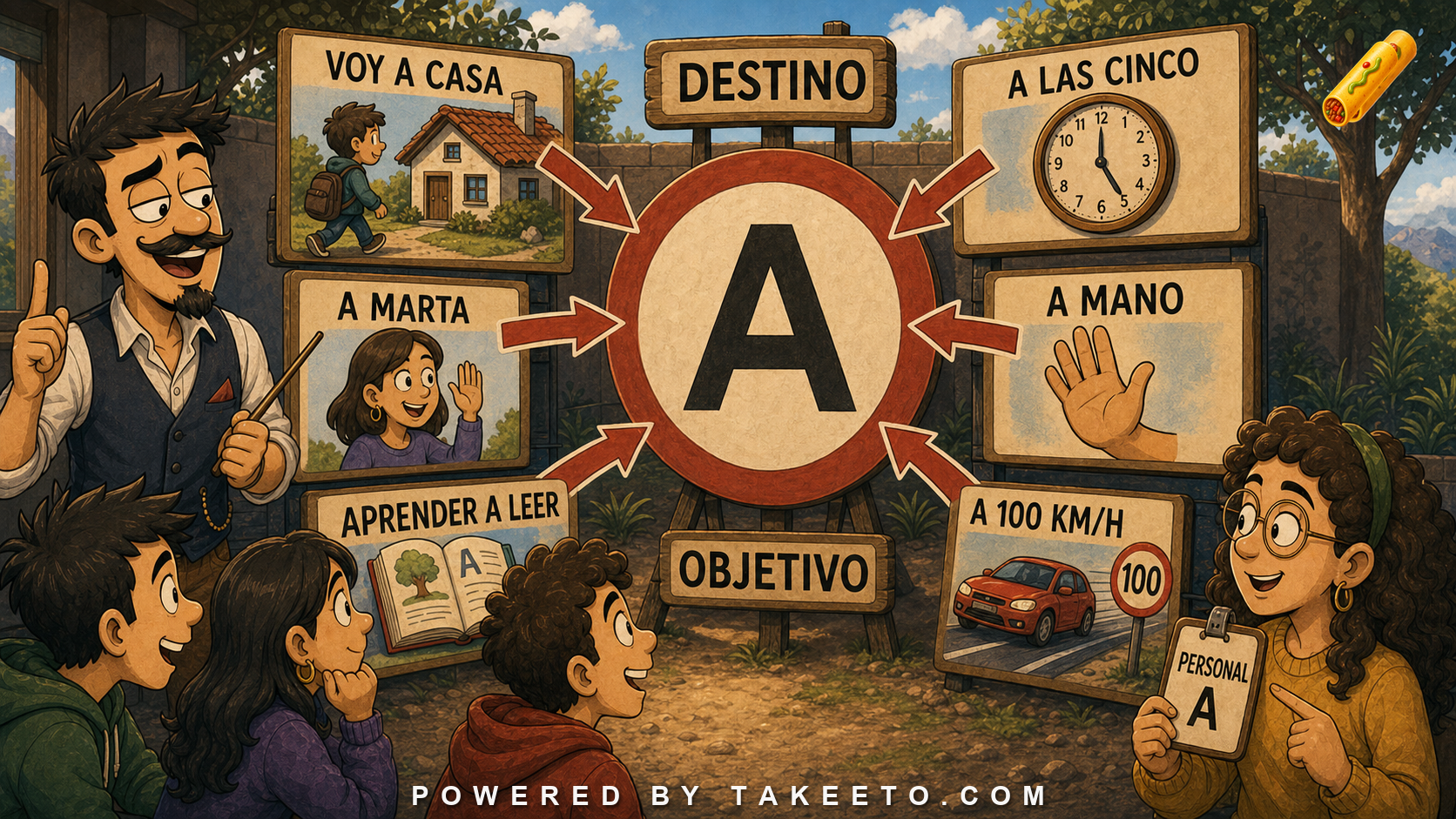 Comic Takeeto target-map illustration showing Spanish a for direction, recipient, time, manner, learning, speed, and personal a.