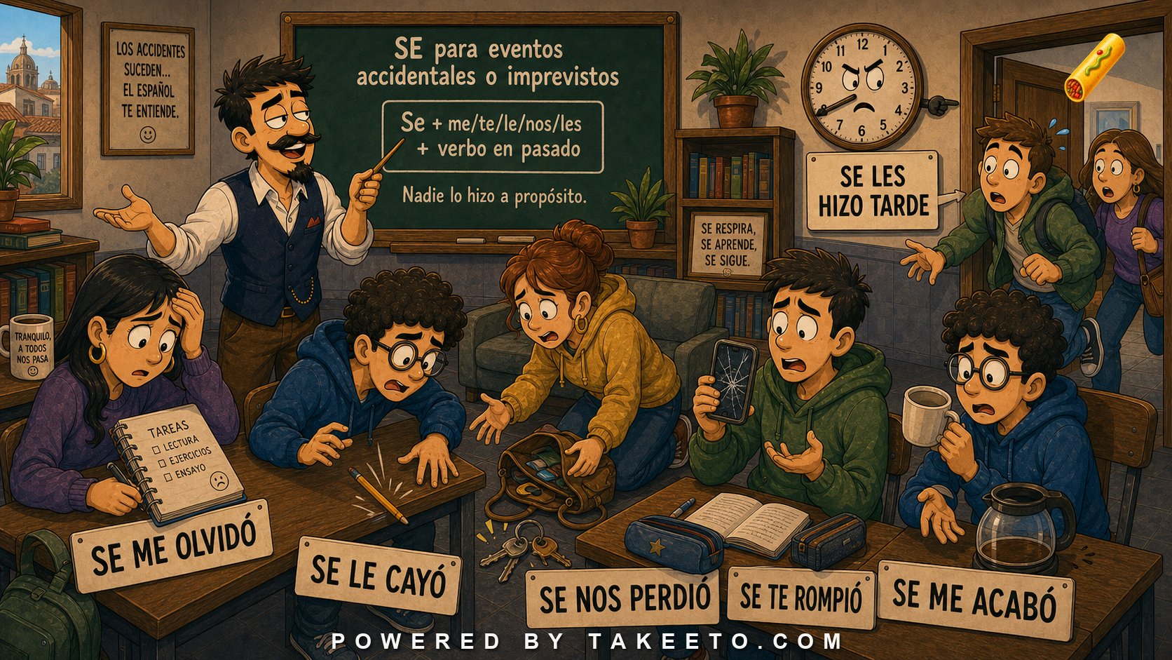 Comic Takeeto blog illustration for Se for Accidental or Unplanned Events: Se Me Olvidó, covering syntax & pragmatics.