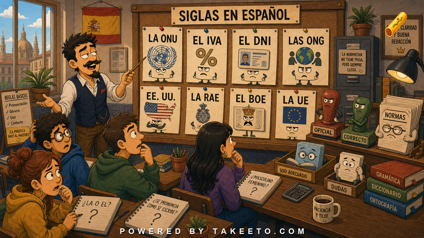 Comic Takeeto blog illustration for Acronyms and Initialisms in Spanish: ONU, IVA, DNI, EE. UU., covering orthography & public language.