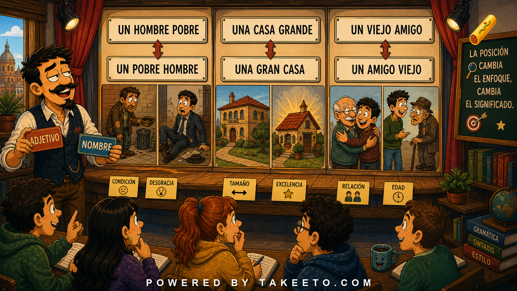 Comic Takeeto blog illustration for Adjective Position: Why Un Pobre Hombre Is Not Always Un Hombre Pobre, covering syntax & semantics.