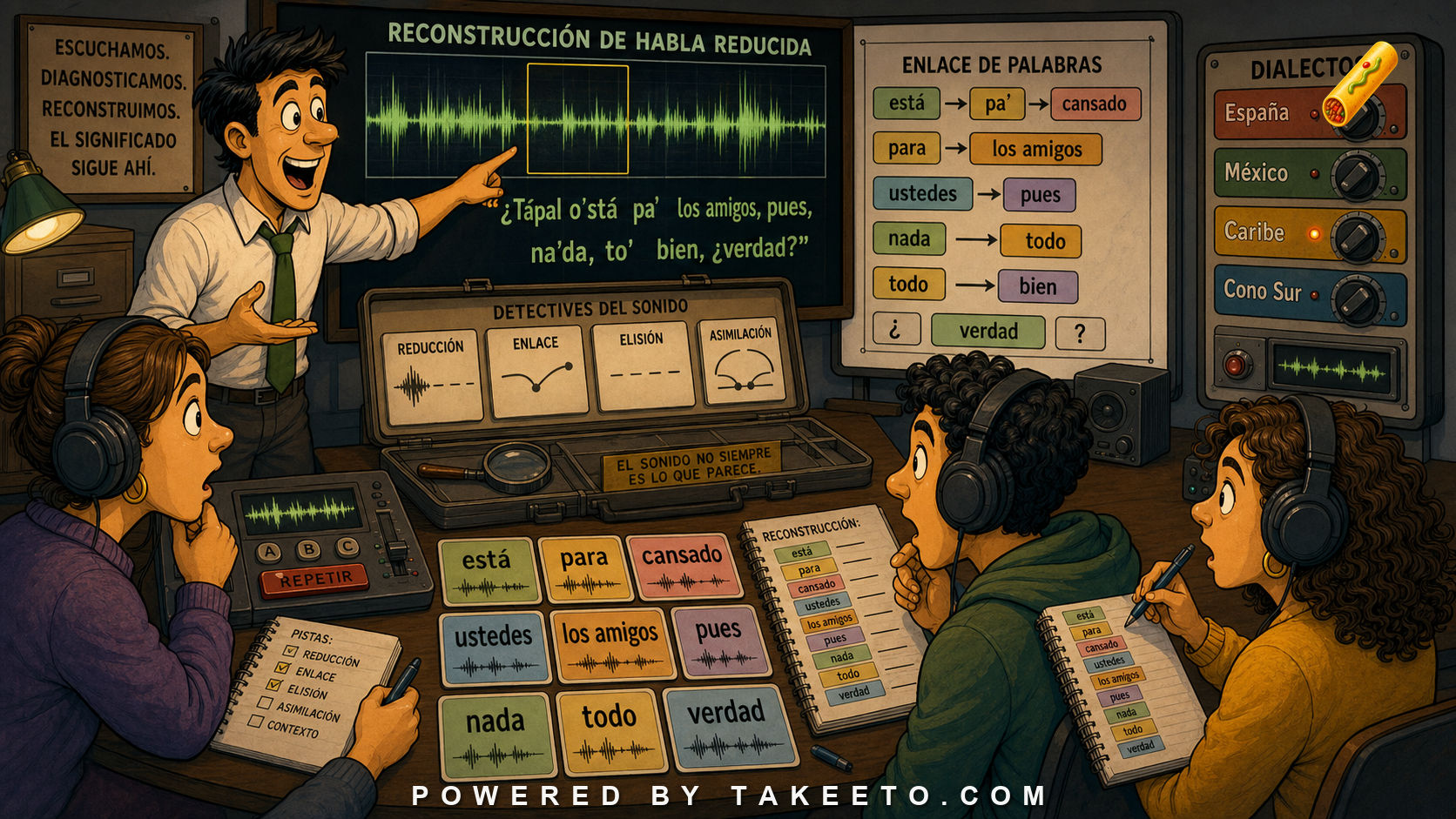 Comic Takeeto blog illustration for Advanced Listening: Reconstructing Reduced Spanish Speech, covering listening & phonology.