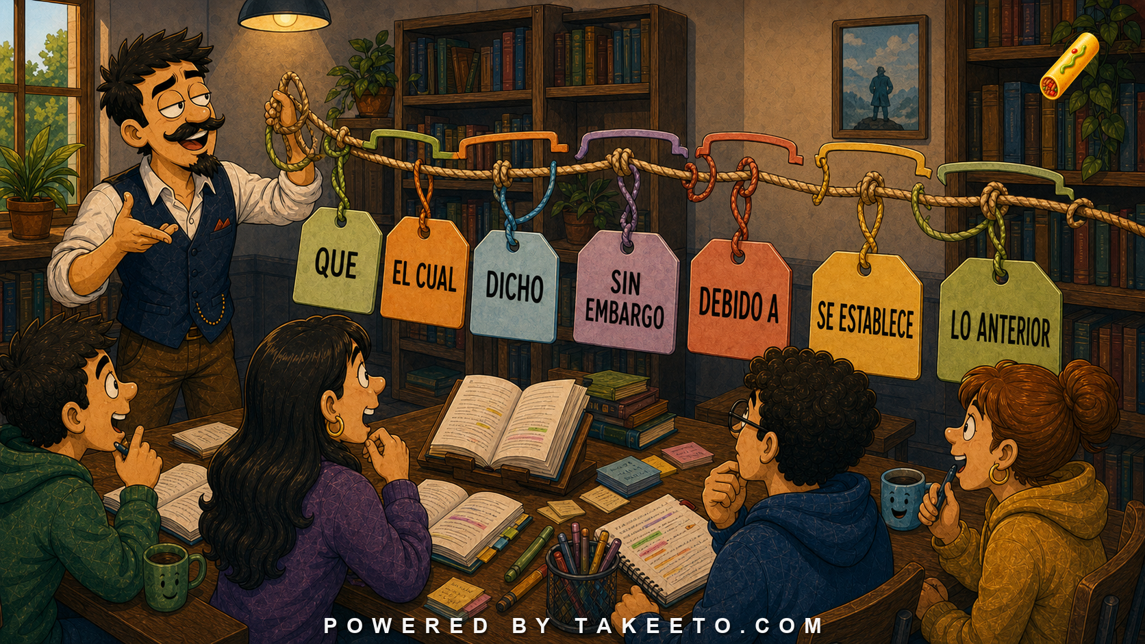Comic Takeeto blog illustration for Advanced Spanish Reading: How to Parse Dense Prose Without Translating Everything, covering reading method.