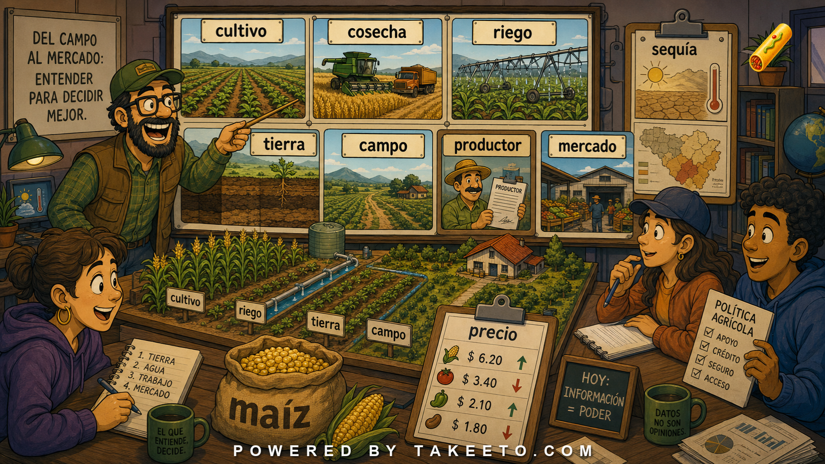 Comic Takeeto blog illustration for Agricultural Spanish: Land, Crops, Labor, and Markets, covering domain language.