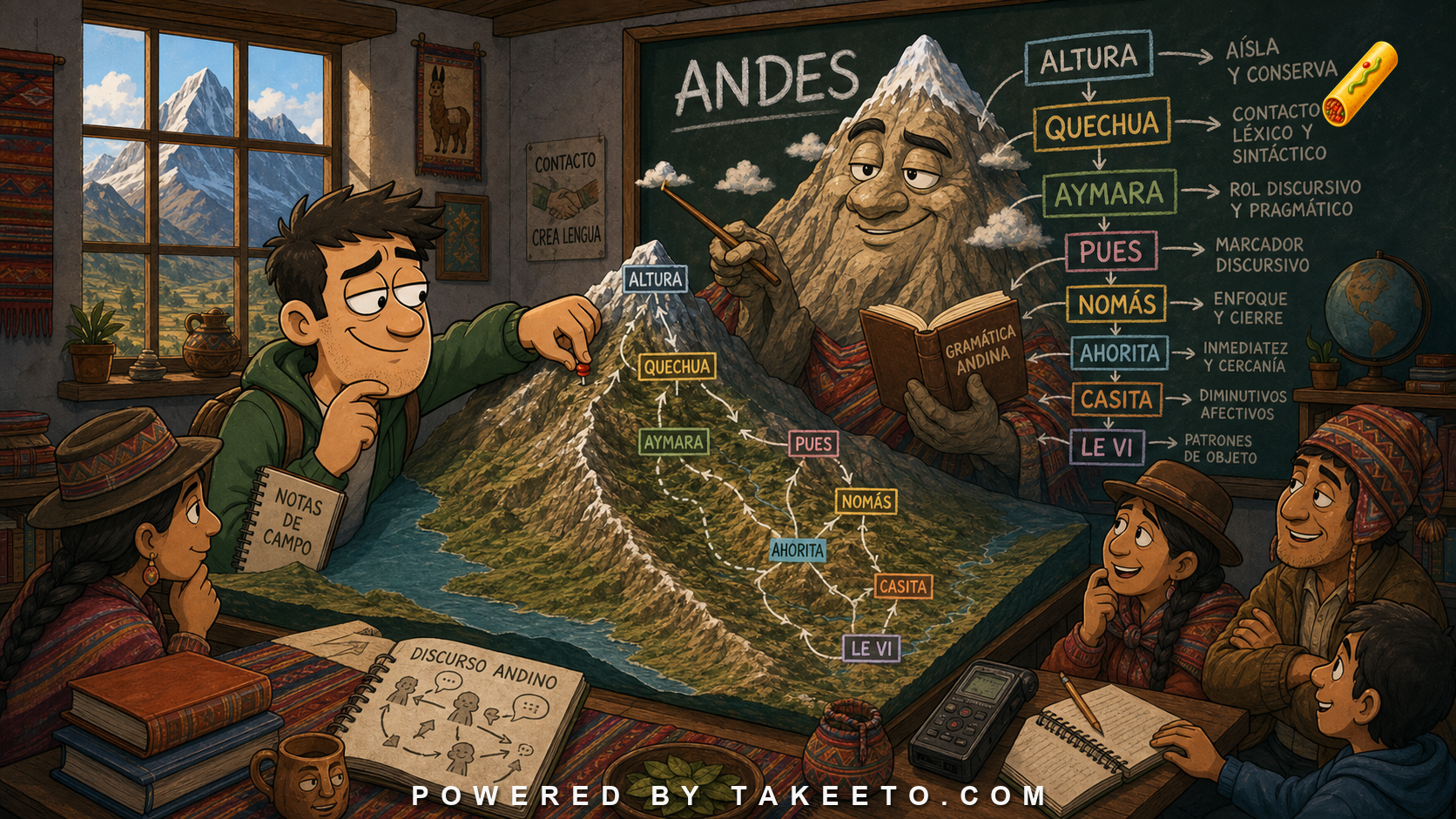 Comic Takeeto Andean Spanish illustration with a mountain map, contact-language labels, and regional discourse features.