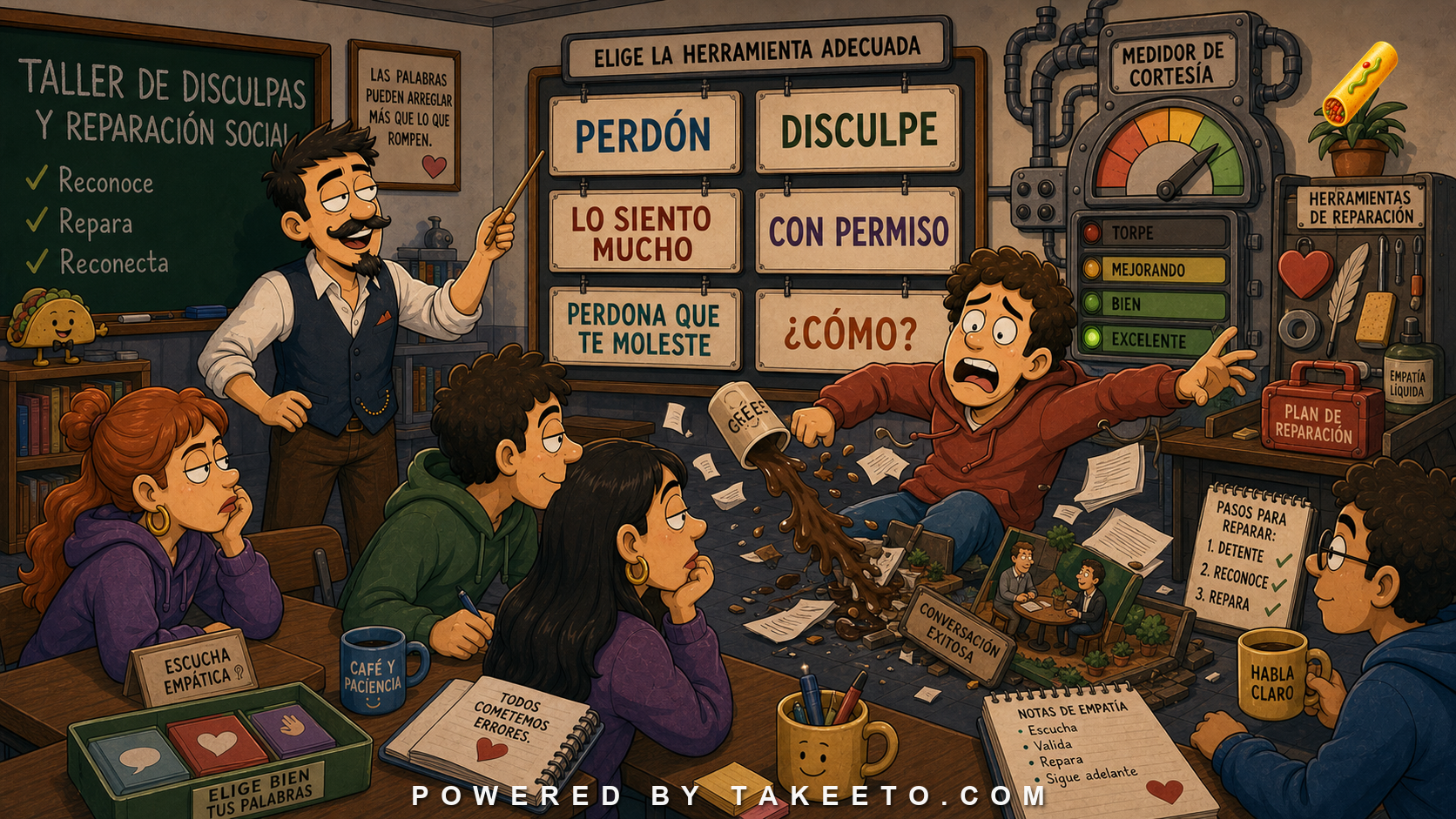 Comic Takeeto blog illustration for Apologies and Repair: Perdón, Disculpe, Lo Siento, Perdona, covering pragmatics.