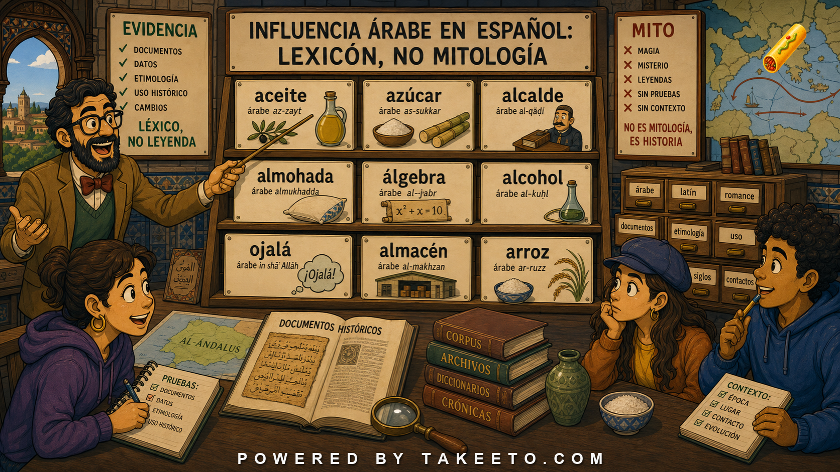 Comic Takeeto blog illustration for Arabic Influence on Spanish: Lexicon, Not Mythology, covering historical lexicon.