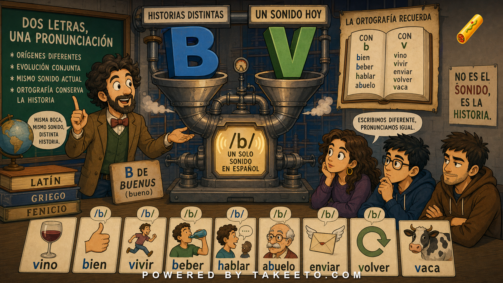 Comic Takeeto blog illustration for B and V in Spanish: One Sound, Two Histories, covering sound & history.