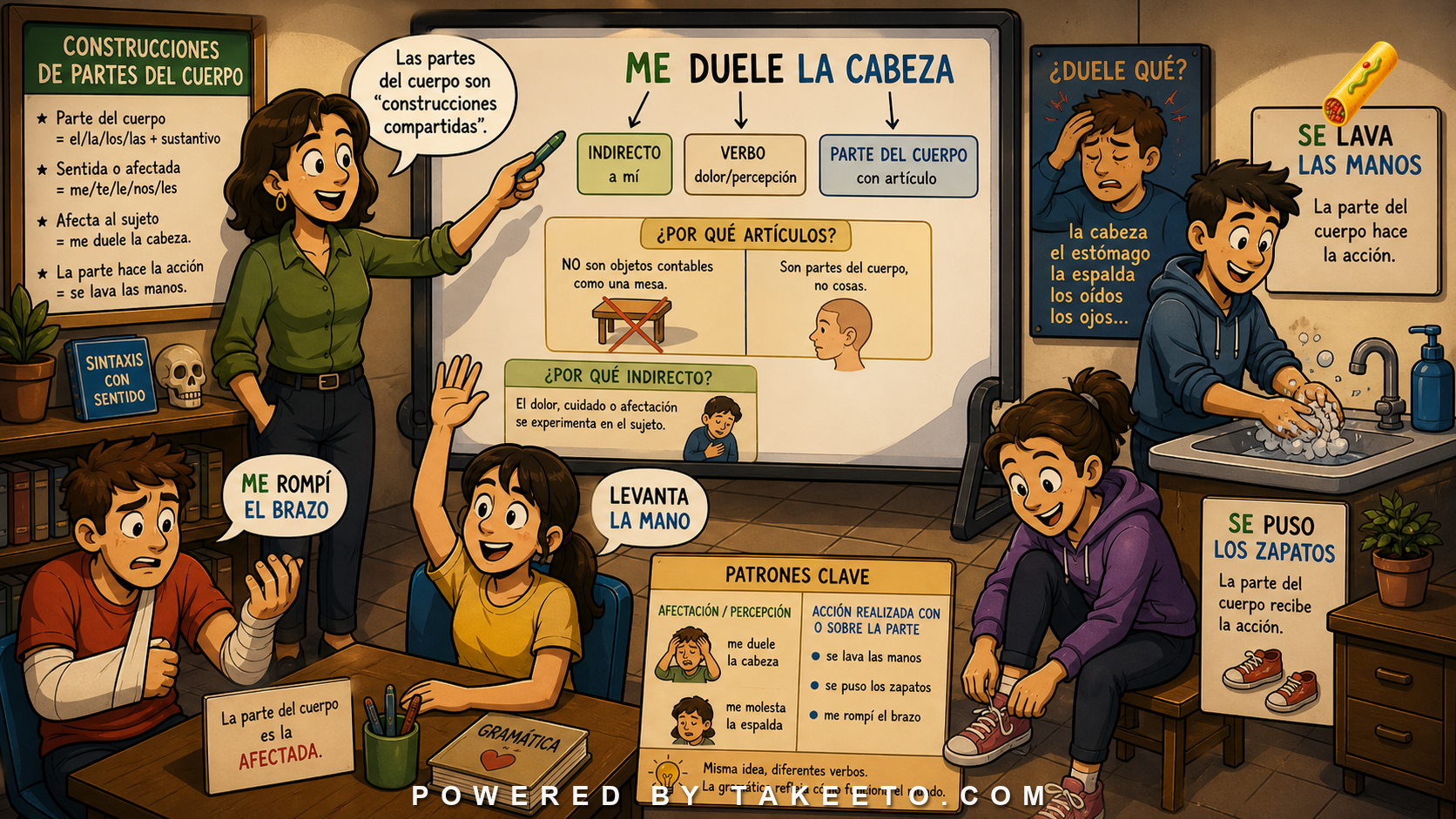 Comic Takeeto blog illustration for Body-Part Constructions: Me Duele La Cabeza, covering syntax & semantics.