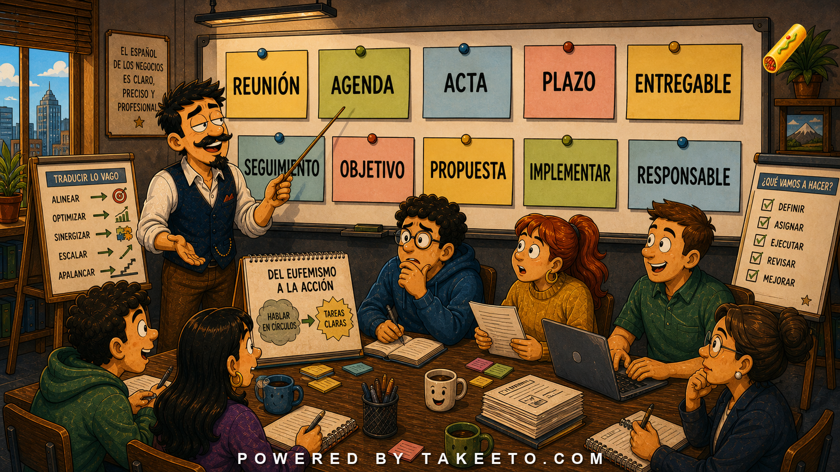 Comic Takeeto blog illustration for Business Spanish: Meetings, Deliverables, and Corporate Euphemism, covering domain language & register.