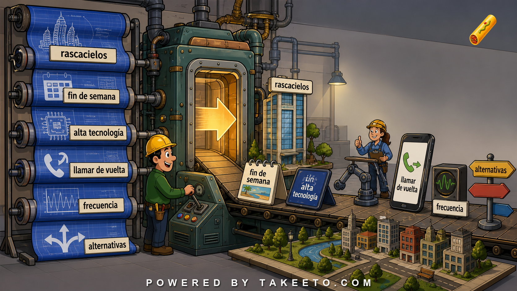 Comic Takeeto blog illustration for Calques: Spanish Phrases Built on Foreign Blueprints, covering lexicon & contact.