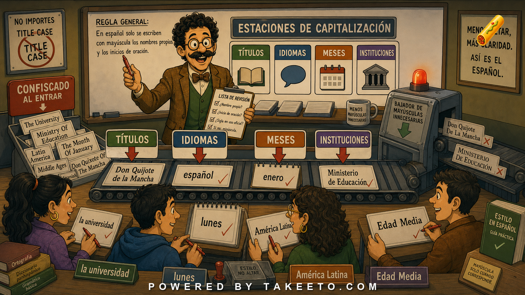 Comic Takeeto blog illustration for Capitalization in Spanish: Titles, Languages, Months, and Institutions, covering orthography & style.