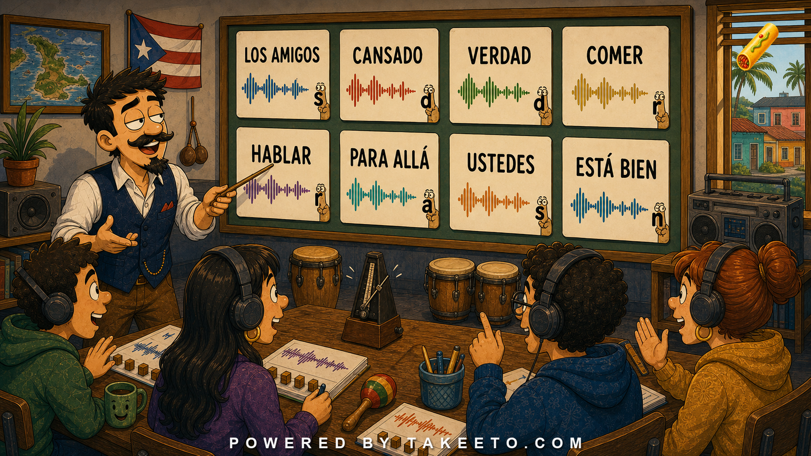 Comic Takeeto blog illustration for Caribbean Spanish: Final Consonants, Rhythm, and Misunderstood Speed, covering dialectology & phonetics.