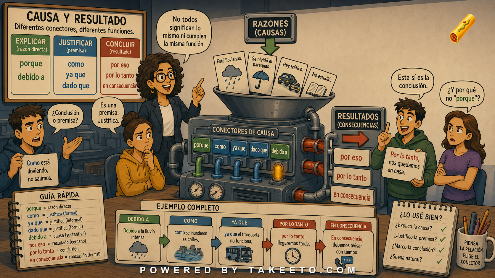 Comic Takeeto blog illustration for Cause and Result: Porque, Como, Ya Que, Debido A, Por Lo Tanto, covering discourse & syntax.