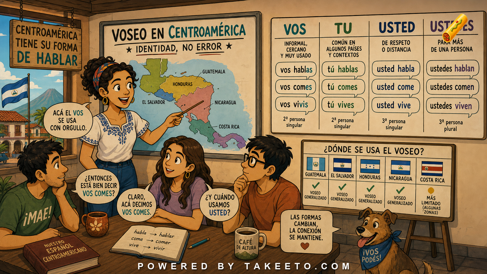 Comic Takeeto blog illustration for Central American Voseo: Forms, Status, and Regional Identity, covering dialectology.