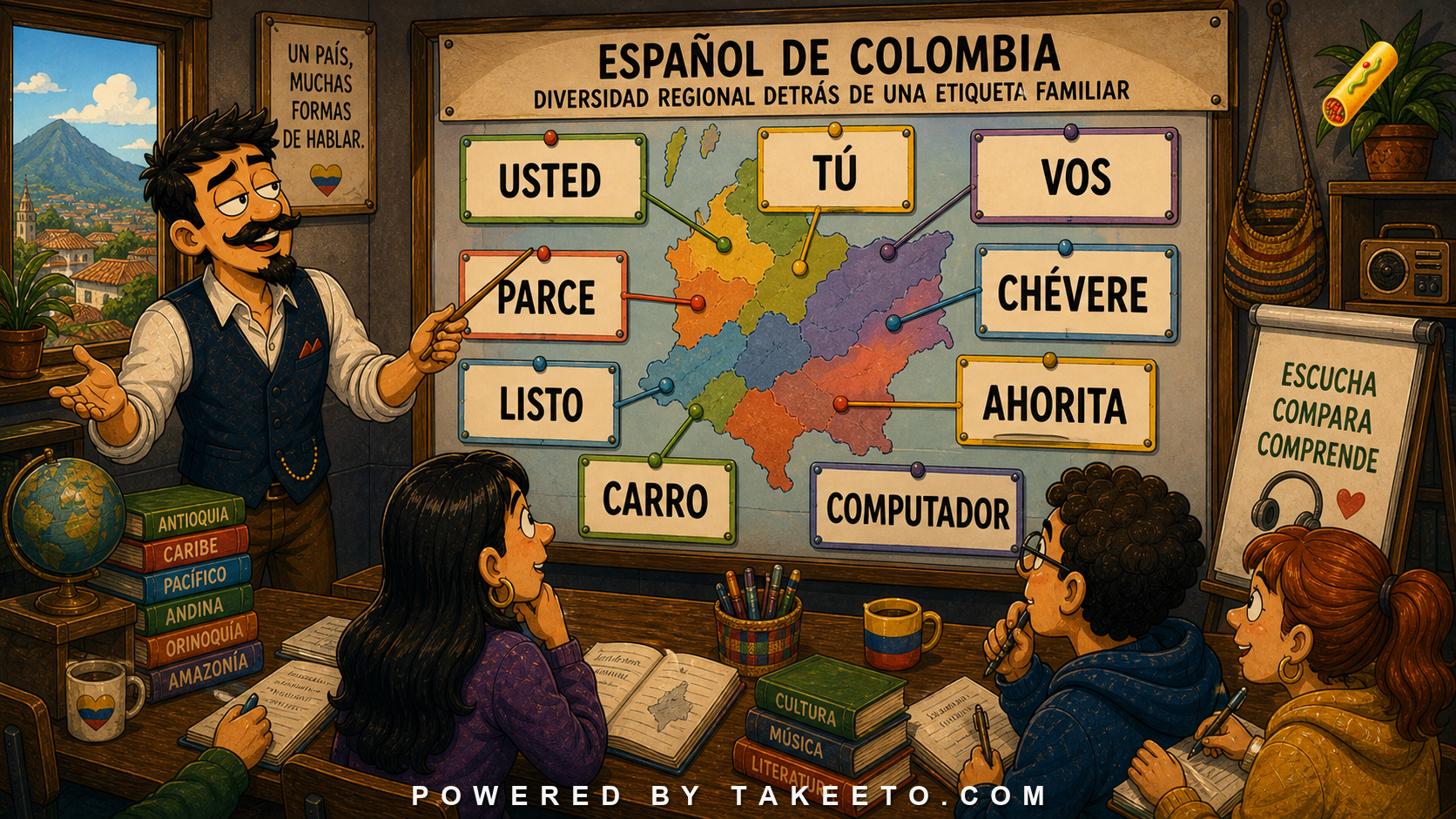 Comic Takeeto blog illustration for Colombian Spanish: Regional Diversity Behind a Familiar Label, covering dialectology.